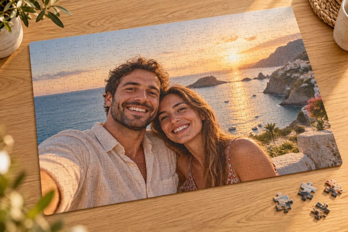 Çiftin tatil fotoğrafından üretilmiş kişiye özel 500 parçalık puzzle